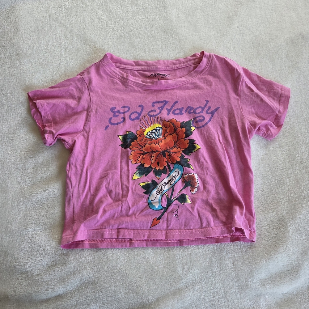 Urban Outfitters Exclusive Ed Hardy Pink Roses Baby Tee Lrg